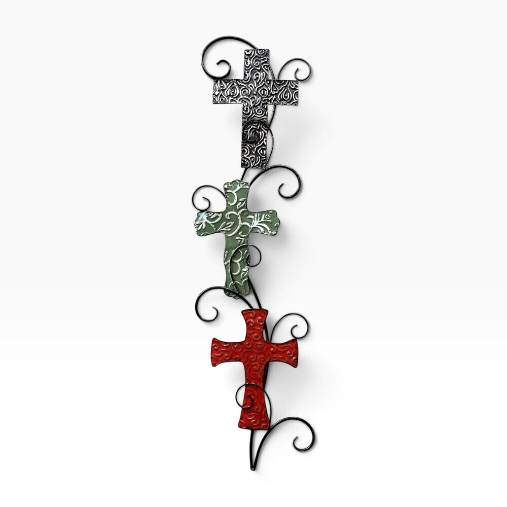 Tall & Large Metal Colorful Collage 3-Cross Wall Hanging Cross Sculpture 39”